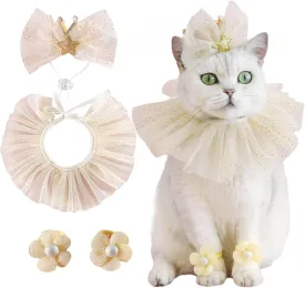 Princess Dog Crown Hat Scarf Set, Dog Birthday Hat Dress Outfit with Flower Leglet, Wedding Party Supplies for Girl Cats and Small Mini Dogs, Girl Wedding Dress (Gold)