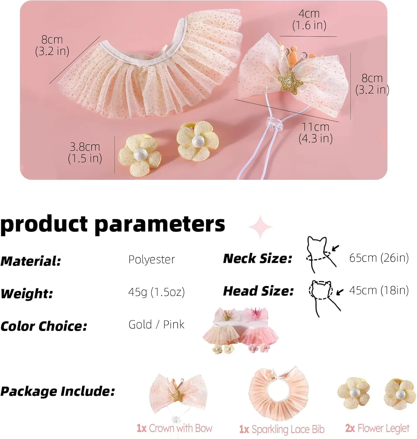 Princess Dog Crown Hat Scarf Set, Dog Birthday Hat Dress Outfit with Flower Leglet, Wedding Party Supplies for Girl Cats and Small Mini Dogs, Girl Wedding Dress (Gold)