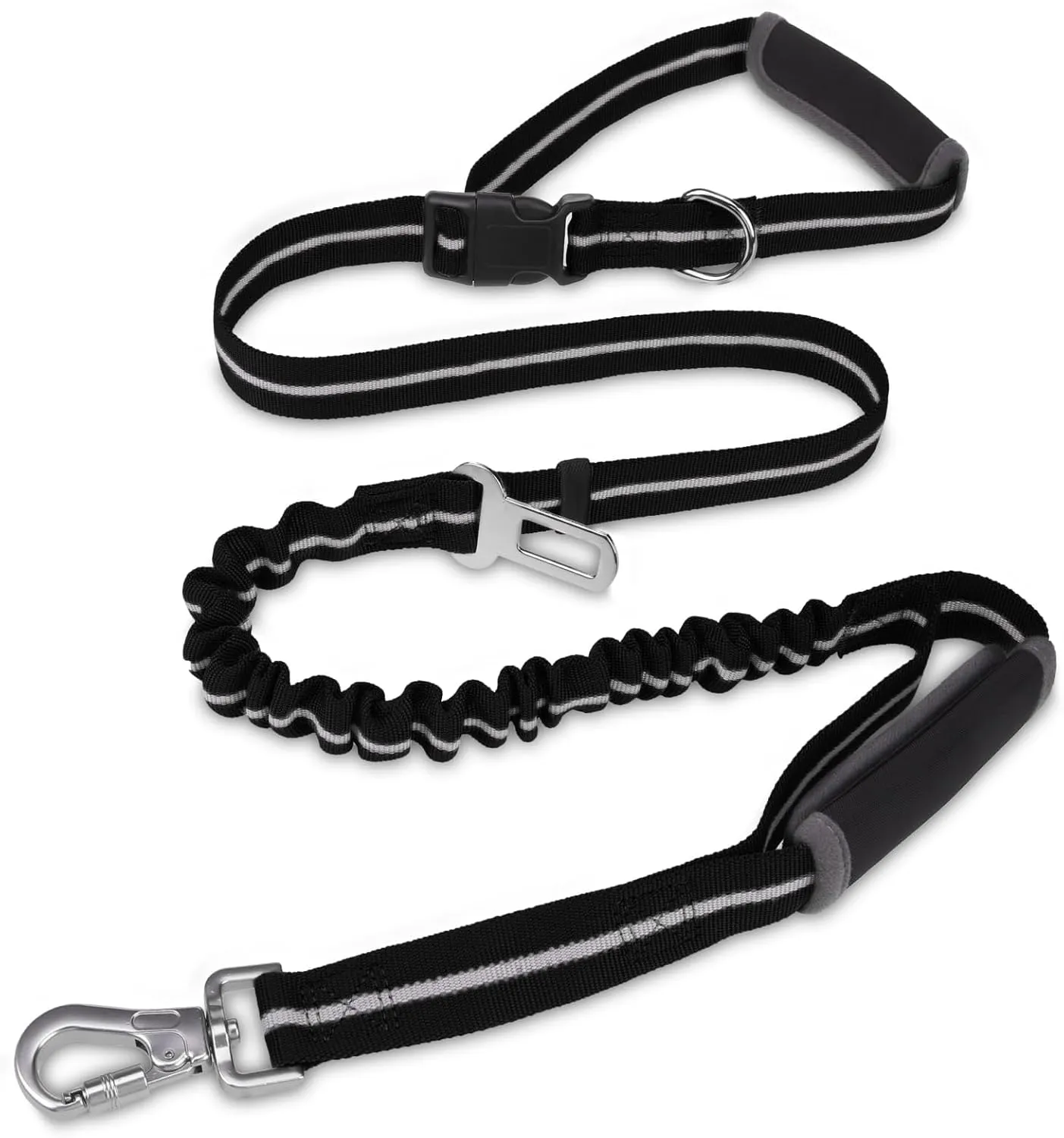 PUPTECK Heavy Duty Bungee Leash for Medium Large Dogs, No Pull Tactical Dog Leash with Double Handles for Training, Reflective with Car Seatbelt and Quick Release Buckle, Black