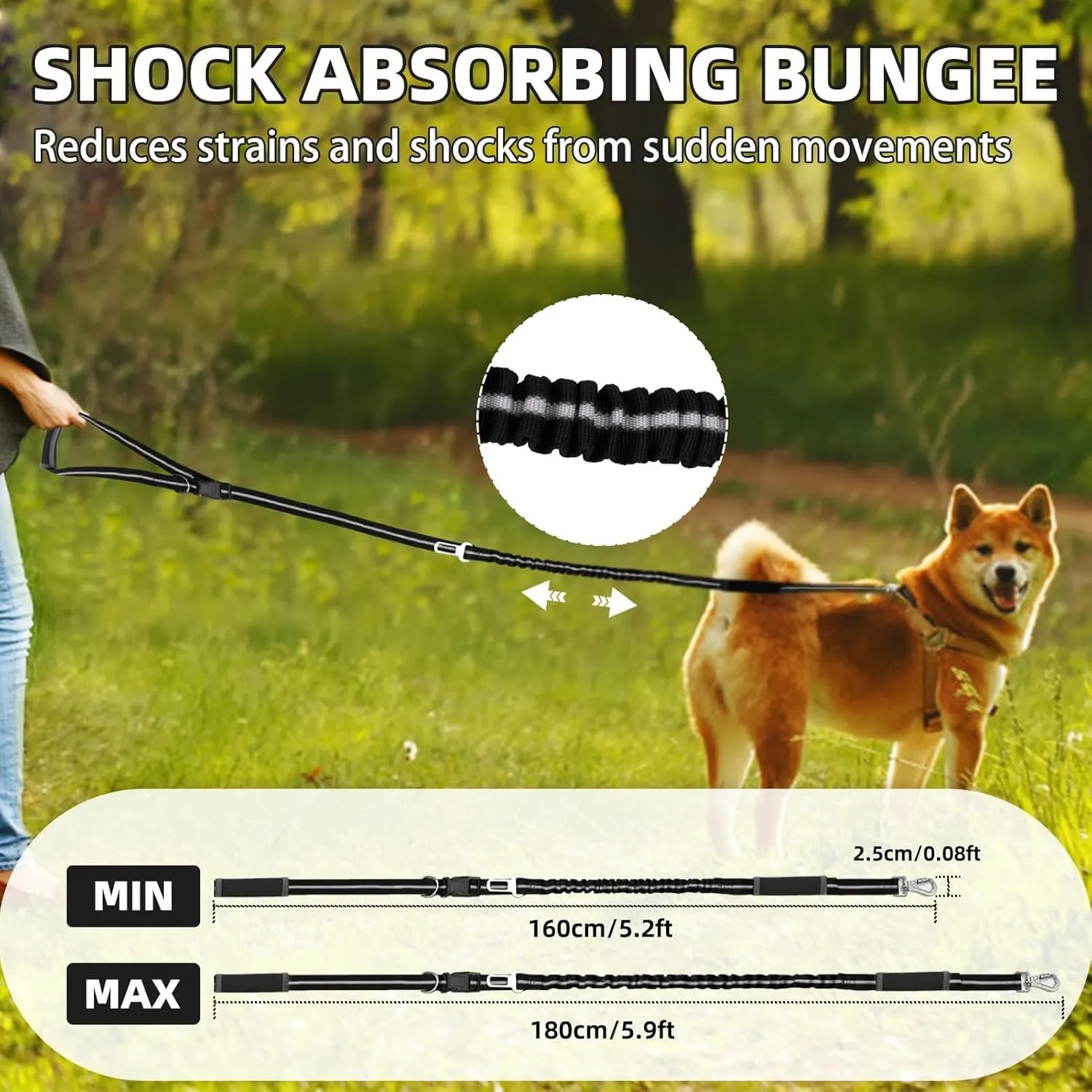 PUPTECK Heavy Duty Bungee Leash for Medium Large Dogs, No Pull Tactical Dog Leash with Double Handles for Training, Reflective with Car Seatbelt and Quick Release Buckle, Black