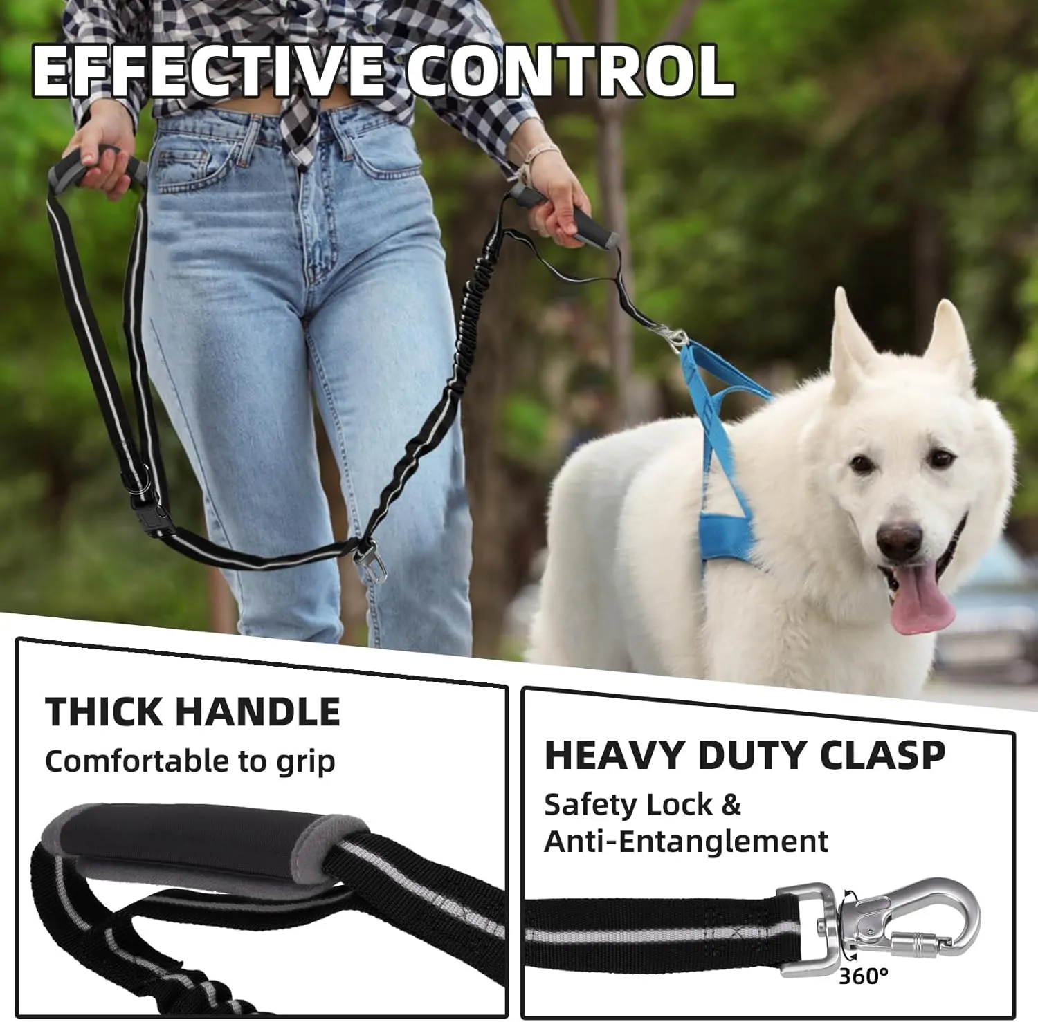 PUPTECK Heavy Duty Bungee Leash for Medium Large Dogs, No Pull Tactical Dog Leash with Double Handles for Training, Reflective with Car Seatbelt and Quick Release Buckle, Black