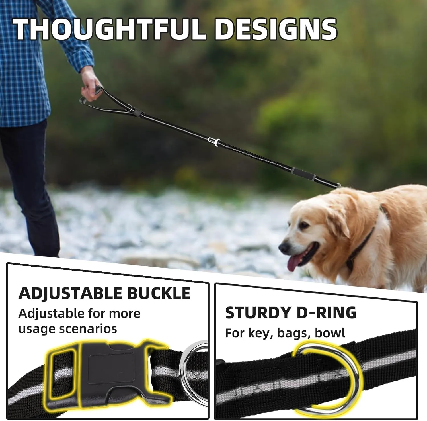PUPTECK Heavy Duty Bungee Leash for Medium Large Dogs, No Pull Tactical Dog Leash with Double Handles for Training, Reflective with Car Seatbelt and Quick Release Buckle, Black