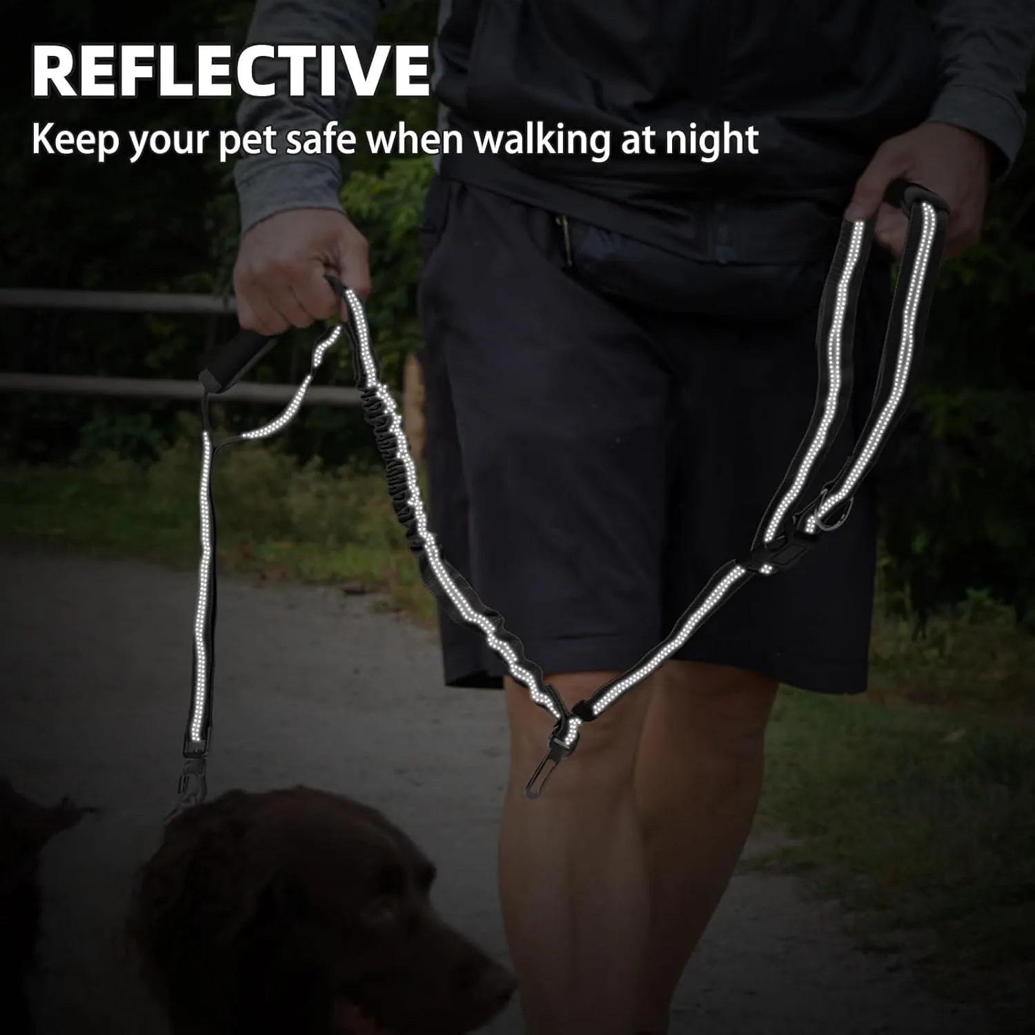 PUPTECK Heavy Duty Bungee Leash for Medium Large Dogs, No Pull Tactical Dog Leash with Double Handles for Training, Reflective with Car Seatbelt and Quick Release Buckle, Black