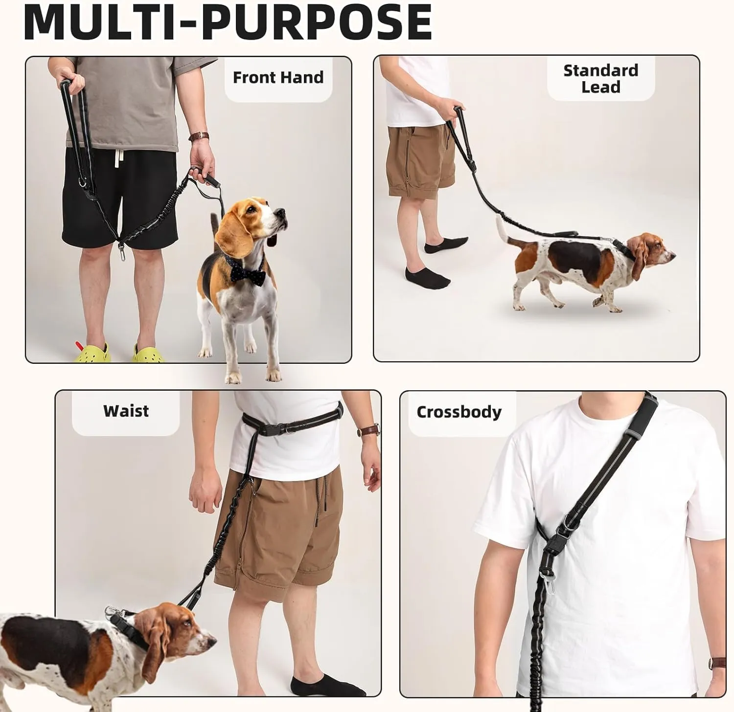PUPTECK Heavy Duty Bungee Leash for Medium Large Dogs, No Pull Tactical Dog Leash with Double Handles for Training, Reflective with Car Seatbelt and Quick Release Buckle, Black