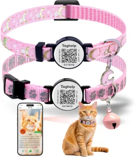 Reflective Moon & Star Cat Collar Breakaway with QR Code Smart ID tag & Bells, 2 Pack Girl Boy Pet Cat Collar Adjustable 7.5-12.5 Inch,No app(Pink)