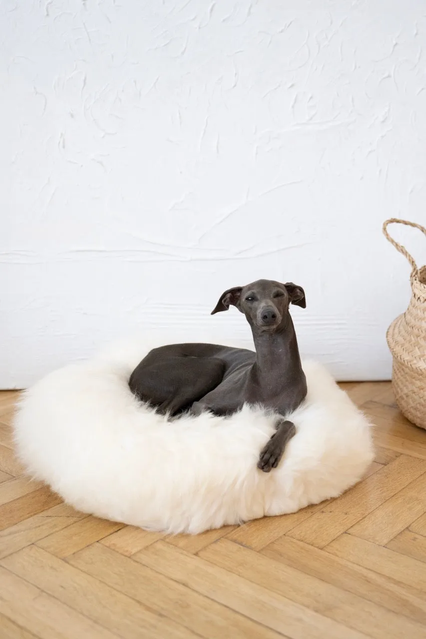 Round Natural Sheepskin Pet Bed - White