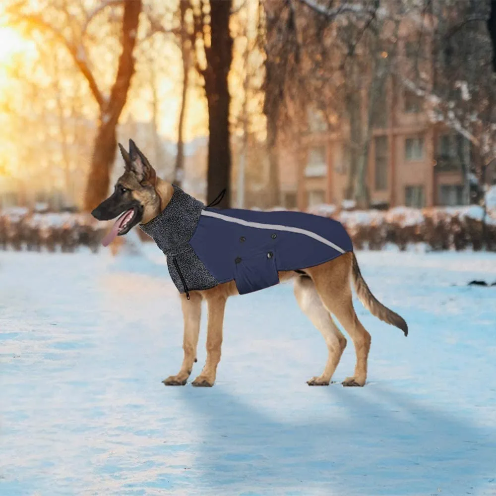 SlowTon Winter Dog Coat, Warm Polar Fleece Lining Doggie Outdoor Jacket with Turtleneck Scarf Reflective Stripe Adjustable Waterproof Windproof Puppy Vest Soft Pet Outfits (Medium, Dark Blue)
