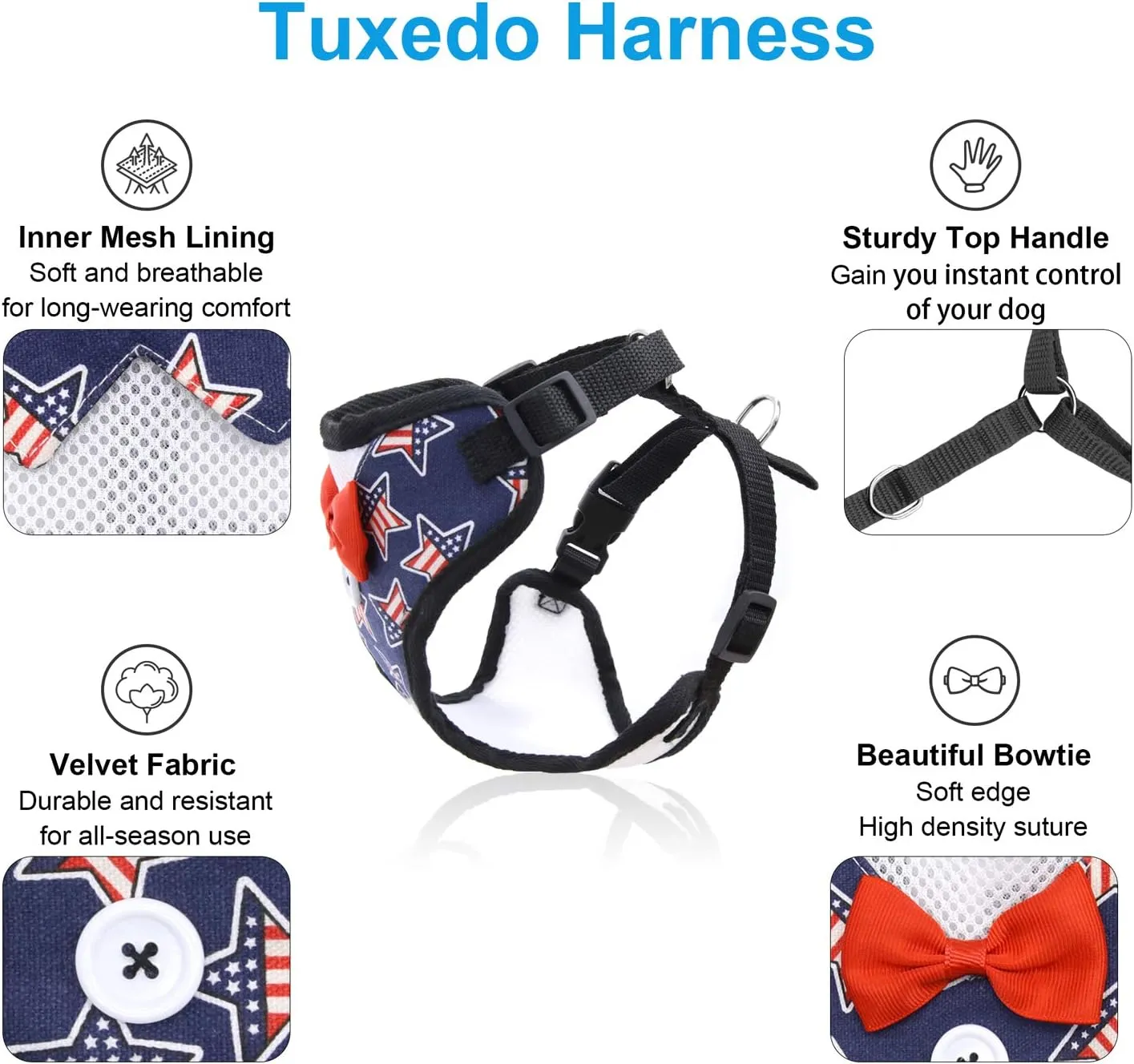 Small Puppy Harness with Bowtie, Adjustable Dog Vest Mesh Tuxedo Harness for Small Dog Kitten, Perfect for Party Wedding Holiday(S, US Flag)