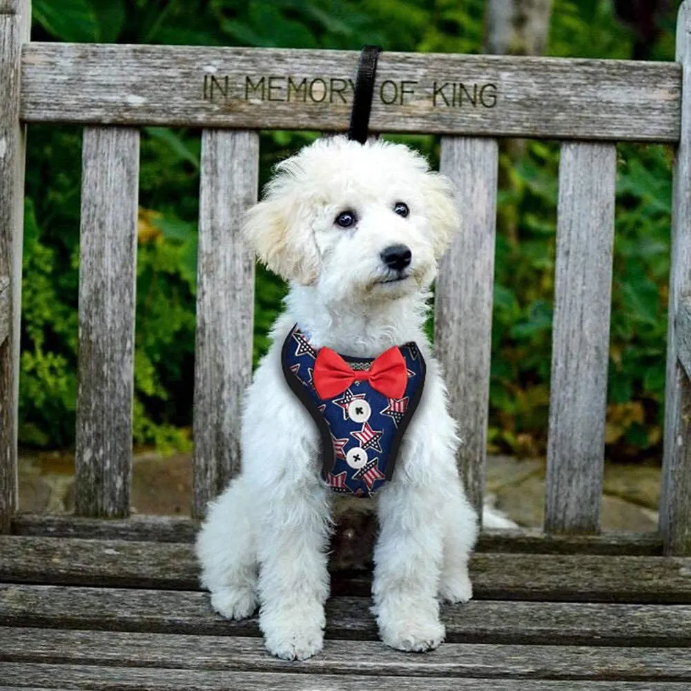 Small Puppy Harness with Bowtie, Adjustable Dog Vest Mesh Tuxedo Harness for Small Dog Kitten, Perfect for Party Wedding Holiday(S, US Flag)