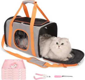 Soft Sided Cat Carrier Airline Approved, Collapsible & Expandable for Medium or Large Cats Up to 21 lbs, Top-Loading TSA Pet Bag with Mesh Windows for Car and Plane Trips