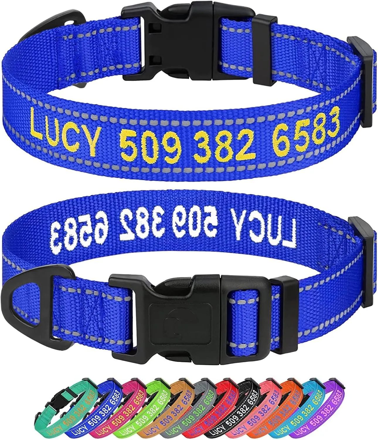 Taglory Personalized Dog Collars, Embroidered Reflective Collar with Name and Phone Number, Adjustable, Nylon Material, for Medium Dogs, Navy Blue