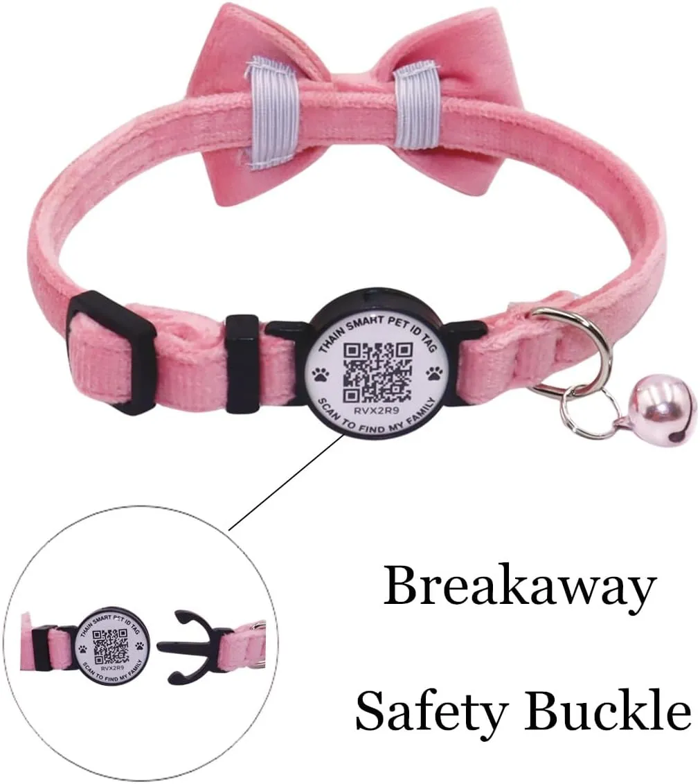 THAIN Personalized Cat Collar with Bell and Bowtie Breakaway QR Code Name Smart ID tag Quick Release Soft Comfortable Collar for Cats and Kittens (Pink)