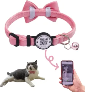 THAIN Personalized Cat Collar with Bell and Bowtie Breakaway QR Code Name Smart ID tag Quick Release Soft Comfortable Collar for Cats and Kittens (Pink)