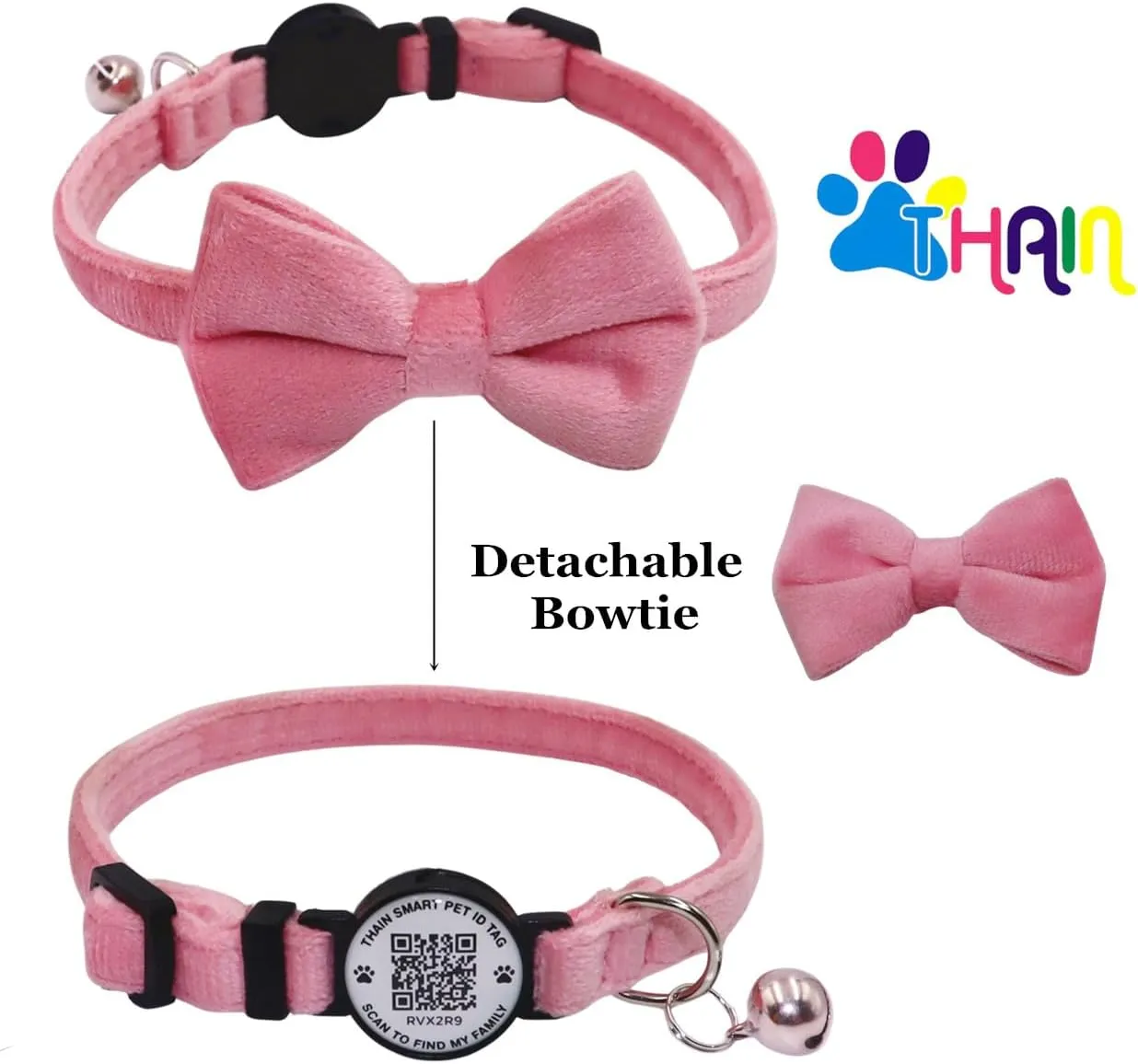 THAIN Personalized Cat Collar with Bell and Bowtie Breakaway QR Code Name Smart ID tag Quick Release Soft Comfortable Collar for Cats and Kittens (Pink)