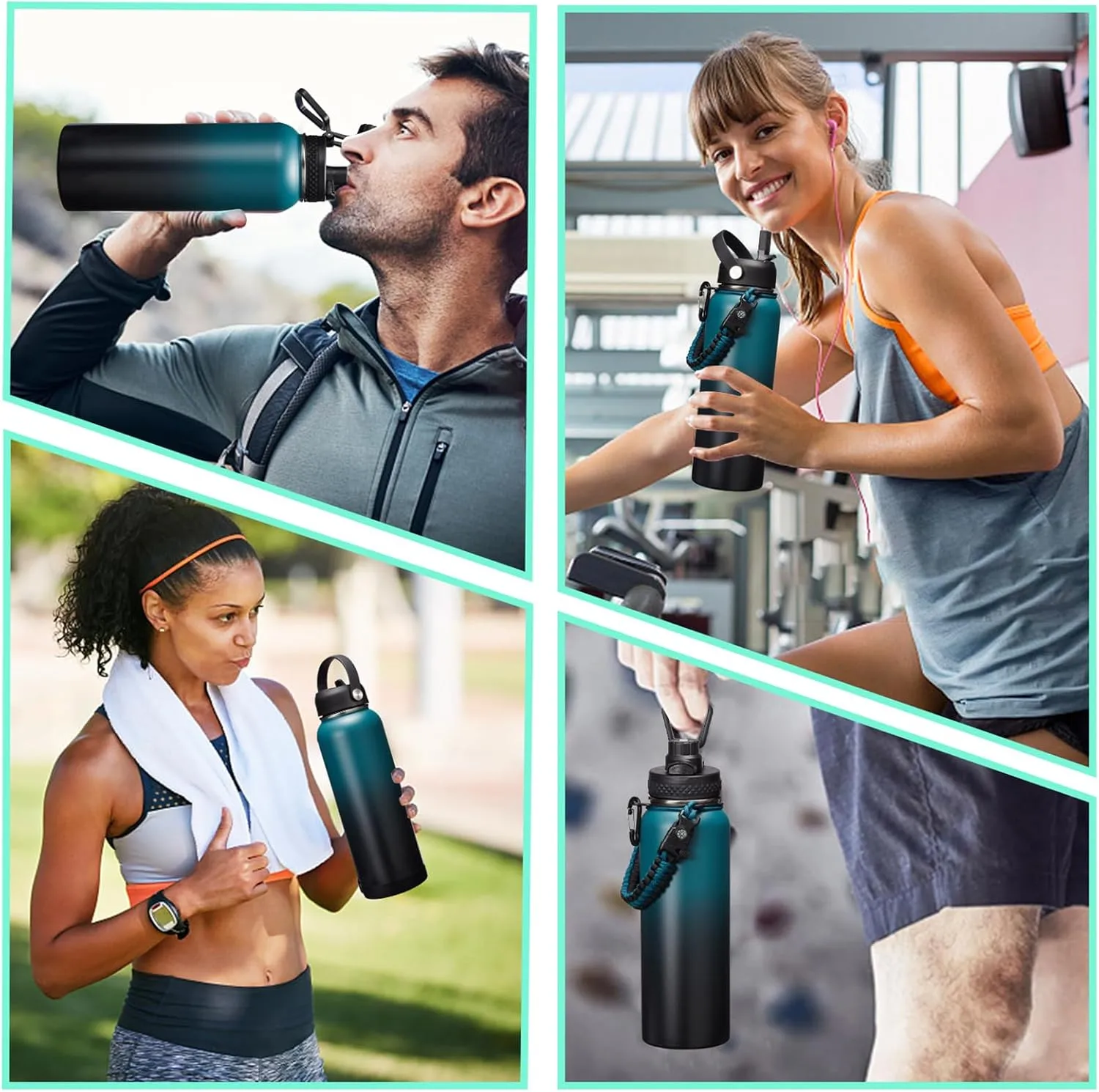 Vacuum Insulated Water Bottle 40oz - with Straw & Spout Lids, Paracord Handle, Shoulder Carrier Bag, Sport Stainless Steel,Double-Wall Metal Water Bottle Thermo Hydro Mug Flask