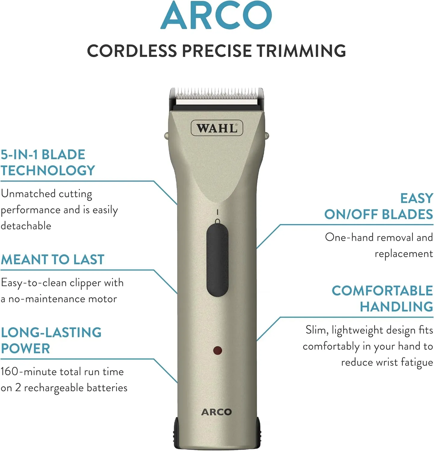 Wahl Professional Animal Arco Pet, Dog, Cat, and Horse Cordless Clipper Kit, Champagne (8786-452)