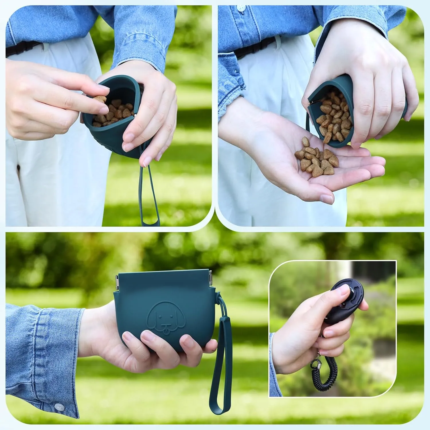 WALLFID Silicone Dog Treat Pouch Small Bag,Auto Closure,with Pet Training Clicker,Walking Bag for Dog and Cat,Pocket Size,Easy to Clean,Odorless (Green and White)