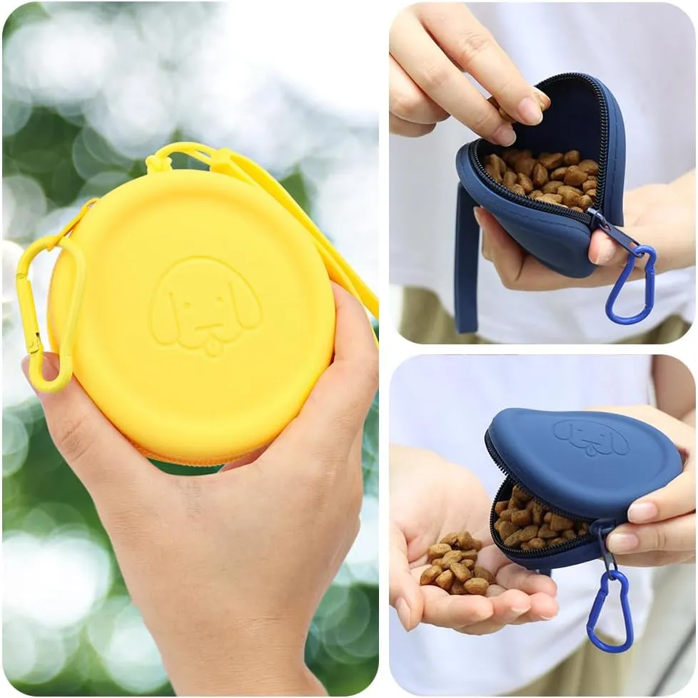 WALLFID Silicone Dog Treat Pouch Small Bag,with Pet Training Clicker,Walking Bag for Dog and Cat,Pocket Size,Easy to Clean,Odorless,Zipper Design,Moisture-Proof,Travel Walking Bag (Yello&Blue, 2PCS)