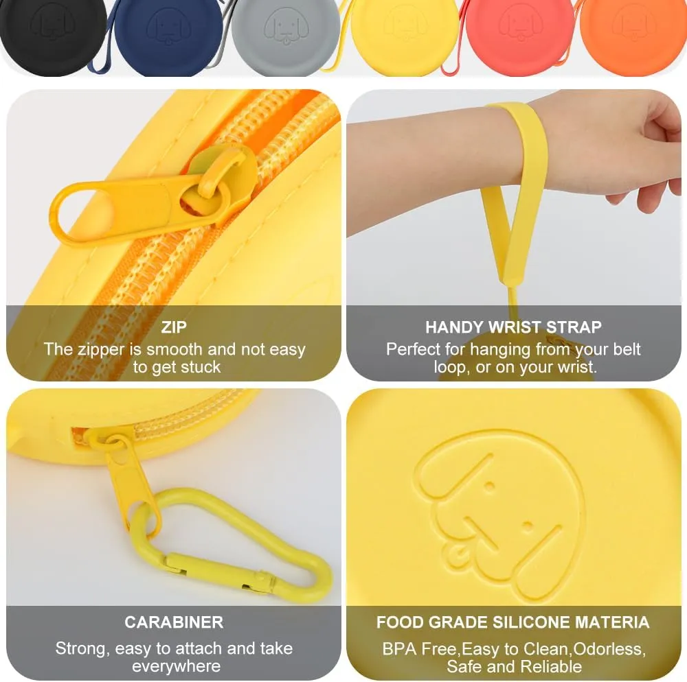 WALLFID Silicone Dog Treat Pouch Small Bag,with Pet Training Clicker,Walking Bag for Dog and Cat,Pocket Size,Easy to Clean,Odorless,Zipper Design,Moisture-Proof,Travel Walking Bag (Yello&Blue, 2PCS)